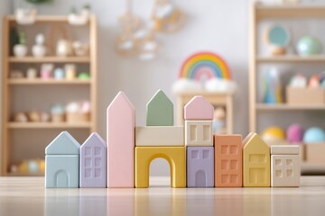 Colorful Wooden Blocks Arranged in a Creative Pattern on a Light Wooden