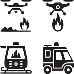 Four black and white icons depicting fire fighting elements including drones helicopter and truck