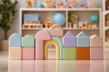 Colorful Wooden Blocks Arranged in a Creative Pattern on a Light