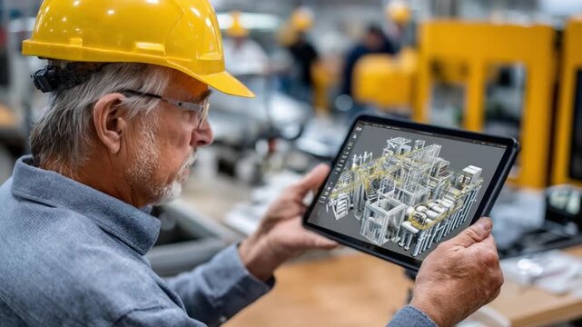 Tech-savvy Engineering Inspection: An experienced engineer, donned in a safety helmet, intently examines intricate machinery schematics on a tablet within a modern industrial setting.
