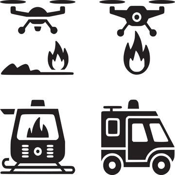 Four black and white icons depicting fire fighting elements including drones helicopter and truck