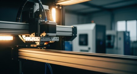 Fototapeta premium Footage showing stepper motors activating and moving a large 3D printer gantry incrementally during initial calibration testing phase.