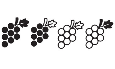 Collection of Grape Icons with Solid and Outline Styles on White Background