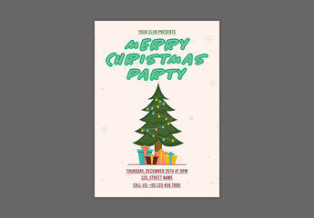 Editable Merry Christmas Party Flyer Template with Decorative Xmas Tree and Gift Boxes in White Color.