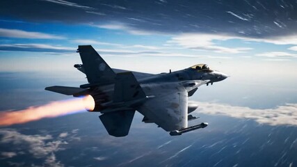 A fast jet fighter soaring through the sky at supersonic speed, its afterburners blazing with fiery orange and blue flames. The aircraft cuts through a dramatic sky filled with streaks of cloud - Powered by Adobe