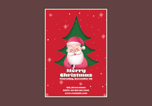 Merry Christmas Party Editable Flyer Template with Cute Santa Claus and Xmas Tree in Red and Green Color Design.