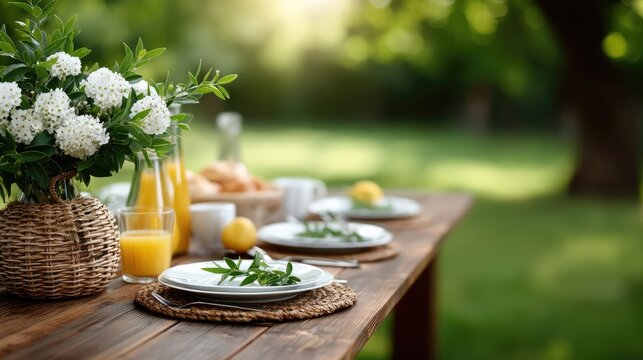 A beautifully arranged outdoor breakfast table displays fresh food and drinks, surrounded by greenery and peaceful scenery