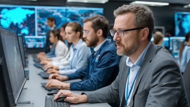 Cybersecurity Experts at Work: A team of dedicated cybersecurity experts are immersed in their work, each intently focused on their computer screens, analyzing data.