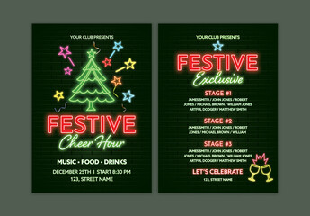 Editable Christmas Party Flyer Template with Neon Lights Text and Double-Side.