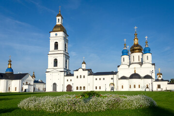 View of St. Sophia Cathedral and Bell tower from St. Sophia Courtyard. Tobolsk Kremlin, Tyumen region