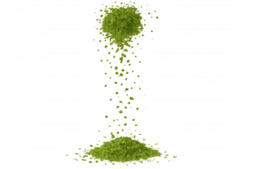 Matcha green tea powder falling and forming a heap, healthy beverage ingredient on transparent background