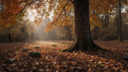 A large tree with autumn foliage and sunlight streaming through a forest, ground covered with leaves