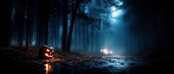 A sleek sports car is parked on a dimly lit street with scattered leaves and a glowing jack-o'-lantern nearby, creating an autumnal vibe