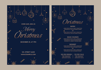 Editable Merry Christmas Party Flyer or Food Menu Card Template with Double-Side in Blue and Golden Theme.