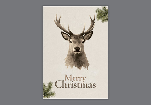 Merry Christmas Greeting Card Template with Reindeer Illustration in Beige Color.
