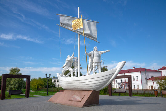 TOBOLSK, RUSSIA - AUGUST 26, 2025: Sculpture composition to the founder of the city of Tobolsk, Danila Chulkov. Tobolsk, Tyumen region