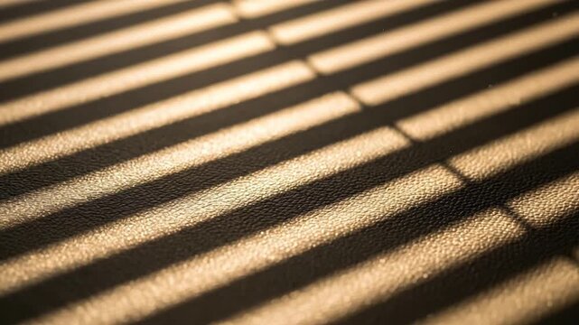 Golden sunlight streams intensely through horizontal window blinds, casting dynamic, striking striped patterns of bright illumination and deep shadow onto a subtly textured dark surface. This atmosphe