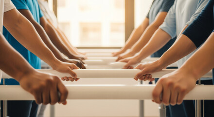Multicultural hands of a business team gripping the handles of a foosball table, symbolizing collaboration and strategic play