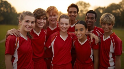 Young soccer players celebrating together at sunset on a grassy field