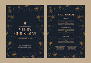 Merry Christmas Party Flyer or Food Menu Card Template with Text Placeholder and Double-Side in Golden and Dark Color.
