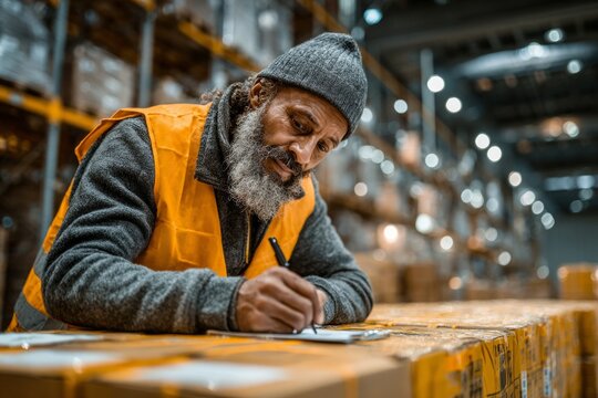 Older man in a beanie and safety vest writing on a clipboard in a warehouse - Powered by Adobe