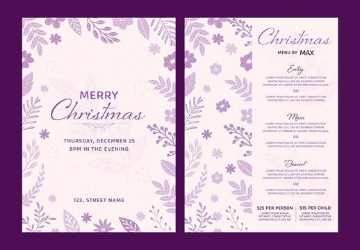 Merry Christmas Party Flyer Template and Food Menu Card with Text Placeholder and Double-Side Presents on Purple Background.