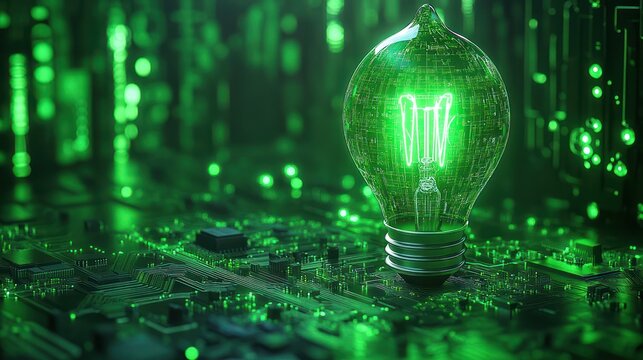 Glowing green lightbulb on circuit board