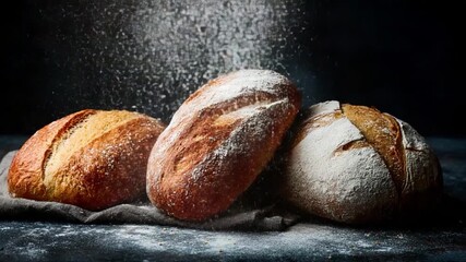 Artisan Loaves: A trio of freshly baked artisan loaves, dusted with flour, beckons with their crusty exteriors and enticing textures, evoking a sense of warmth and culinary delight.