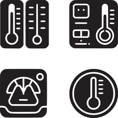 Collection of four black and white temperature icons including thermometer and gauge designs set on white