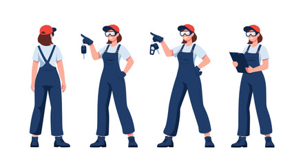 A female mechanic stands in different poses holding tools.