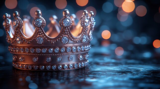 Golden crown with diamonds, dramatic bokeh