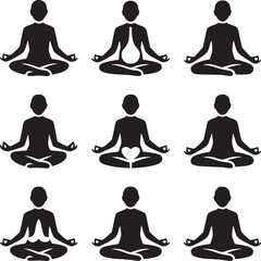 Nine black silhouette figures in lotus position with different body modifications on a white backdrop
