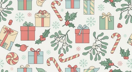 Christmas Seamless Pattern Gifts, Holly, Candy Canes, and Mistletoe