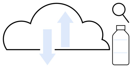 Cloud shape with bi-directional arrows, magnifying glass, and medicine bottle representing cloud data exchange, analytics, healthcare, research, digital transformation, AI, and innovation concepts