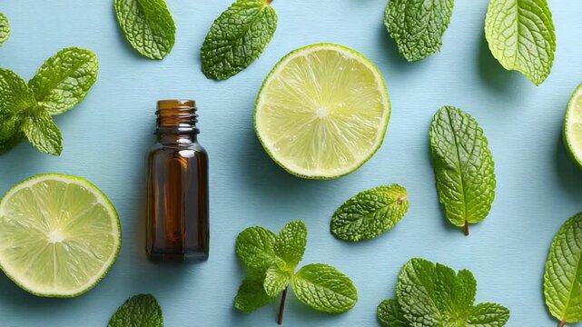Mint and Lime Essence: A vibrant composition features refreshing green mint leaves, zesty lime slices, and a sleek glass essential oil bottle, suggesting a harmonious blend of natural freshness.