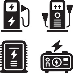 Four black and white icons depicting electric vehicle charging stations and power supply units