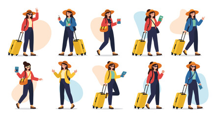 Fototapeta premium Ten cartoon female travelers with luggage and travel documents posing and waving hello.