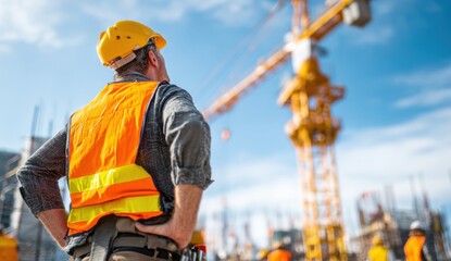 Construction Worker in Safety Gear Overlooking a Construction Site with Tower Crane