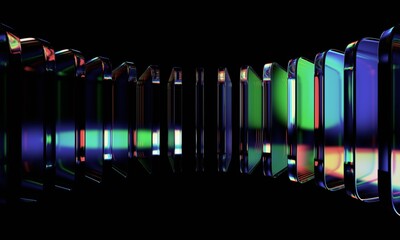 Naklejka na ściany i meble Abstract iridescent glass cubes on a black background, 3d render