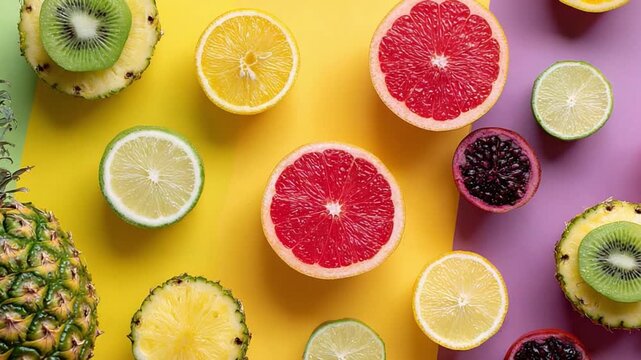 Vibrant Tropical Fruit: A colourful array of freshly sliced tropical fruits bursts with the essence of summer, artfully arranged to tantalize the eye.