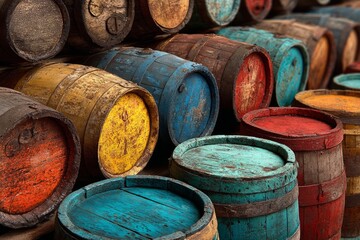 Rows of vibrant old wooden barrels creating a rustic storage scene