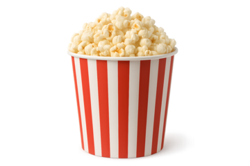 Classic cinema style popcorn bucket isolated on white background with red stripes and popcorn ideal for snack advertising, film night posters, fast food branding, and entertainment graphics