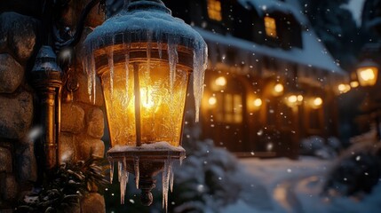 Icy lantern glows warmly in snowy winter scene