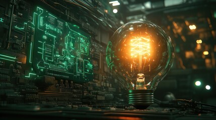 Illuminated bulb in futuristic circuit board