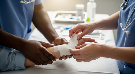 Close up of a professional doctor and nurse providing medical care by applying a compression bandage to a patient's injured ankle
