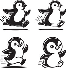 Funny cartoon penguin bird set illustration on ice