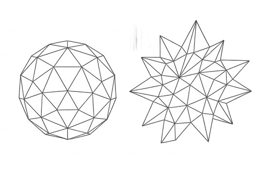 Geometric wireframe shapes representing sphere and star, abstract polyhedrons, 3d line art structure