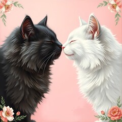 Black cat and white cat kiss 