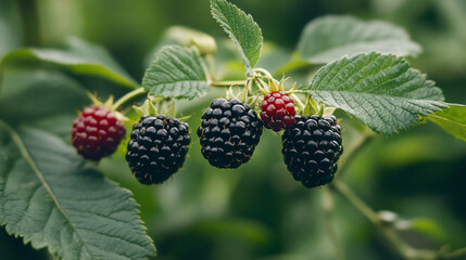 Plump dark and red berries ripening on leafy branches in natural sunlight