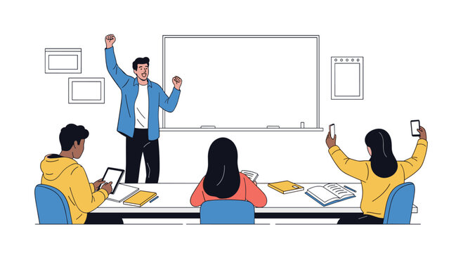 Students and teacher engaged in a collaborative learning activity.